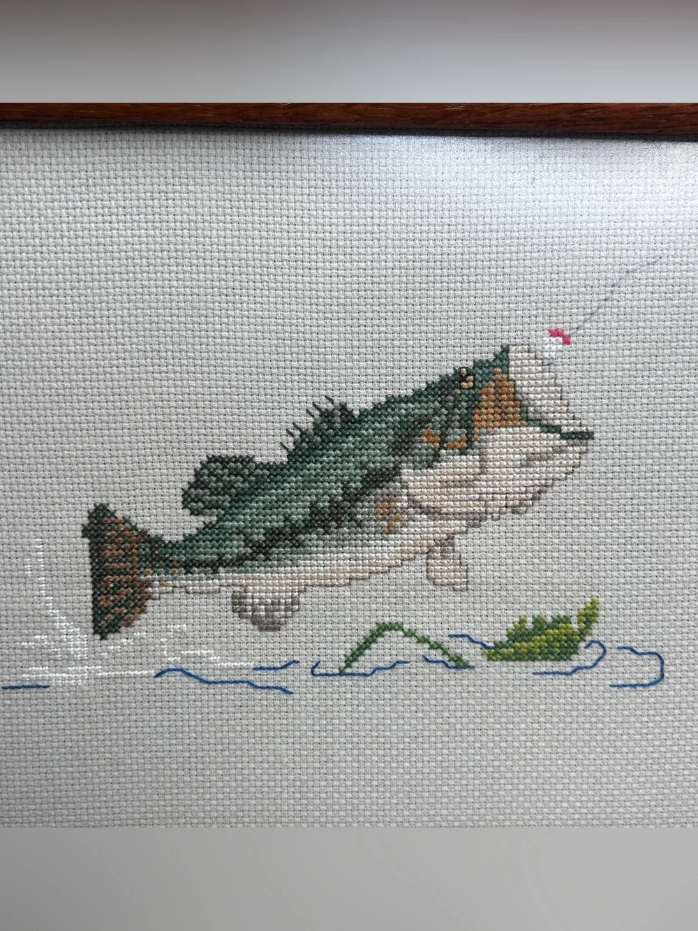 Handmade Largemouth Bass Cross Stitch • Rustic Cabin Wall Art • Framed Fishing